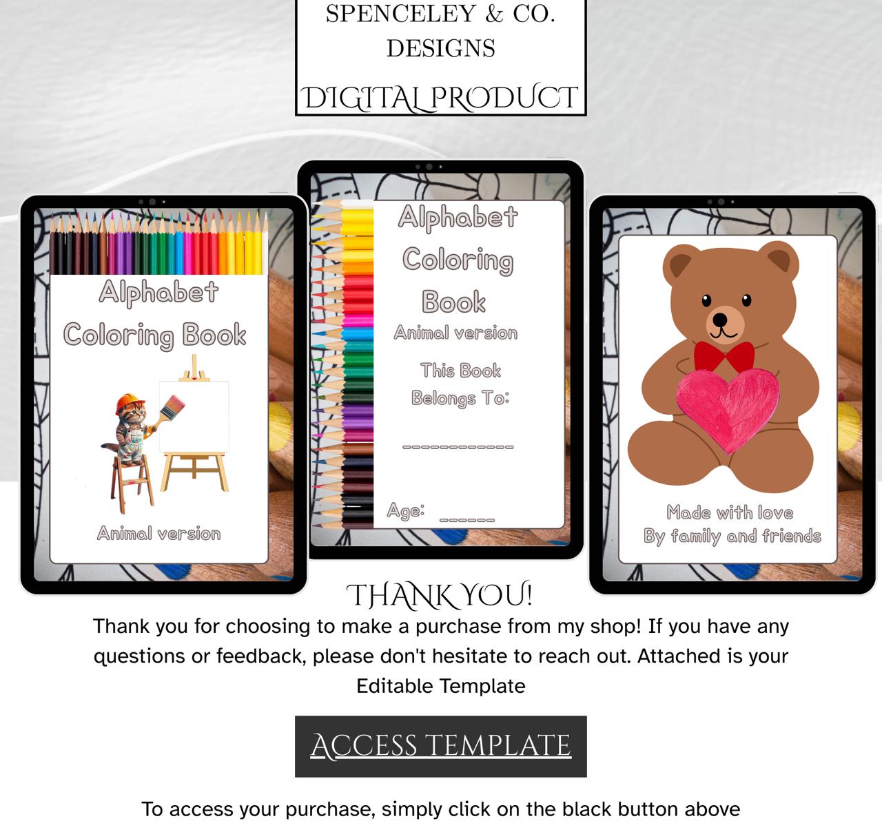 ABC Alphabet Coloring Book,26 Pages Baby’s First ABC Book, Animal Theme Alphabet Book, Baby Shower Game Or Activity Book, Printable PDF